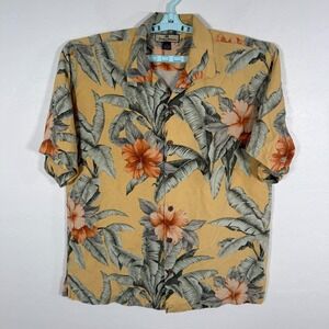 Tommy Bahama Shirt Mens Medium Yellow Hawaiian Camp Silk‎ Floral Hibiscus